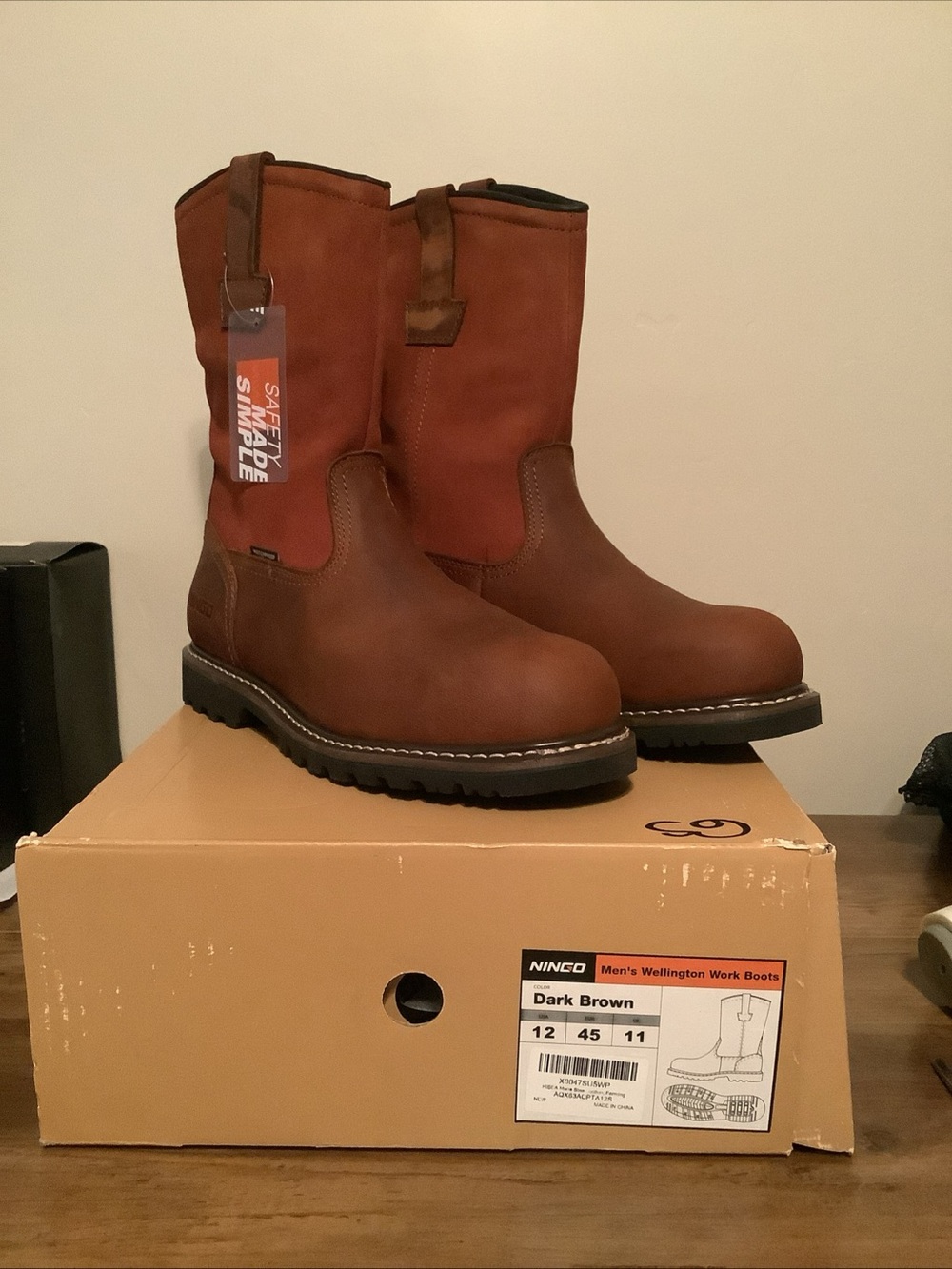 Hisea ningo Dark Brown Men’s 12 Wellington steel toe Work Boots